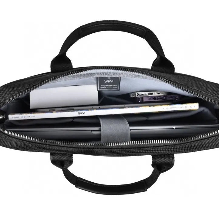 Black Oxford cloth laptop backpack showing multi-pocket design and separate computer compartment.