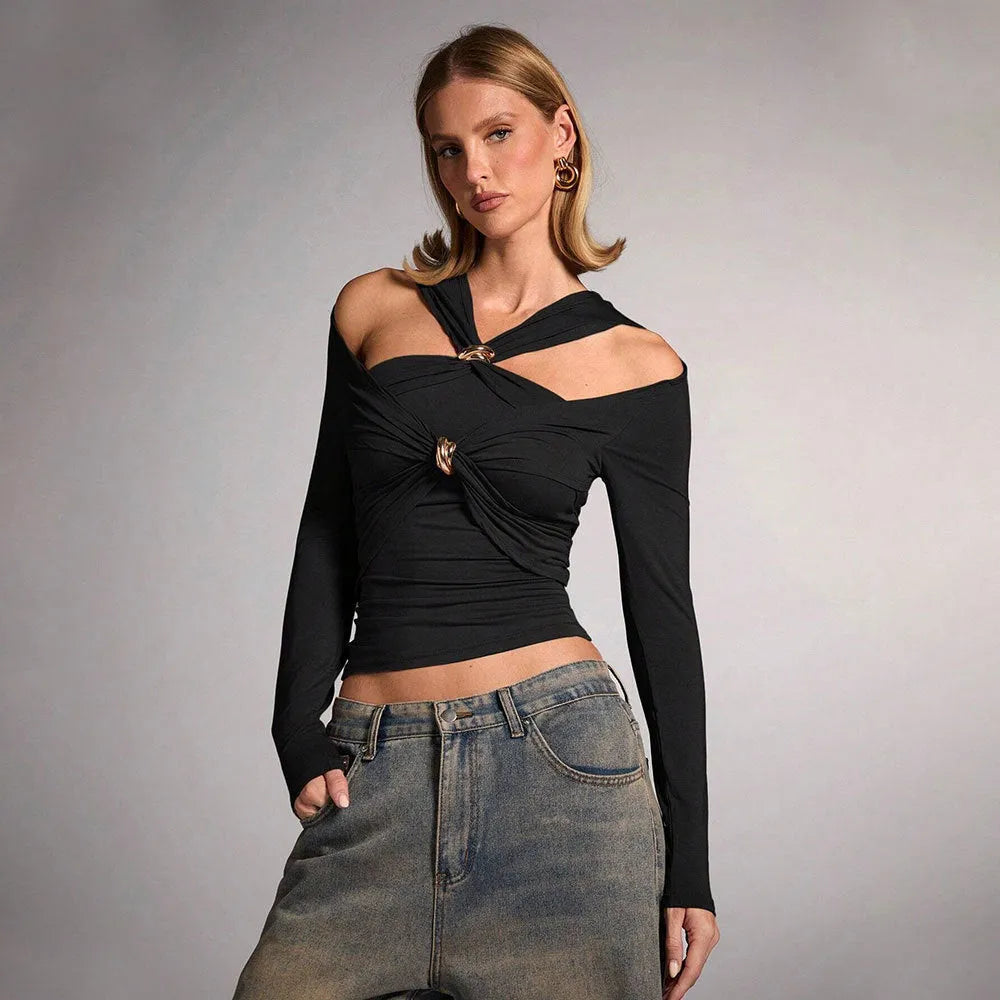 Black women's halter top with slim fit and long sleeves on a model.