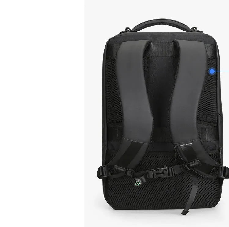 Oxford cloth black backpack with 108° opening and USB charging port, 20-35L capacity