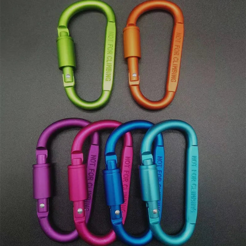 Aluminium D-type carabiner with lock in multiple colour options showing 8cm flat design