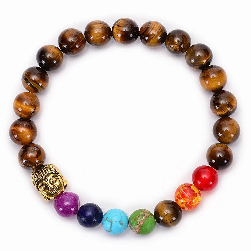 Seven chakra natural stone and tiger eye beaded bracelet with adjustable rope in gold or silver