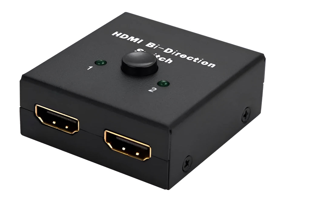 Black plastic HDMI bi-direction switch with 3 HDMI A/F connectors and blue LED indicators