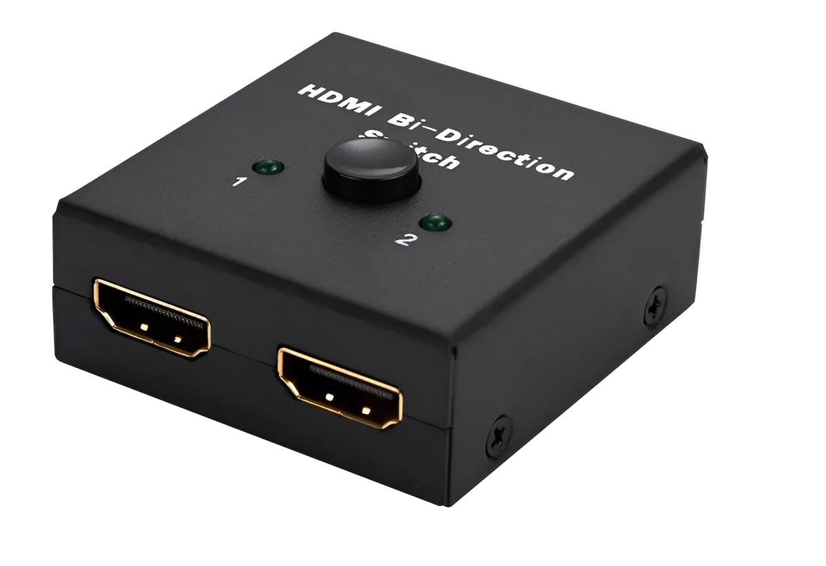 Black plastic HDMI bi-direction switch with 3 HDMI A/F connectors and blue LED indicators