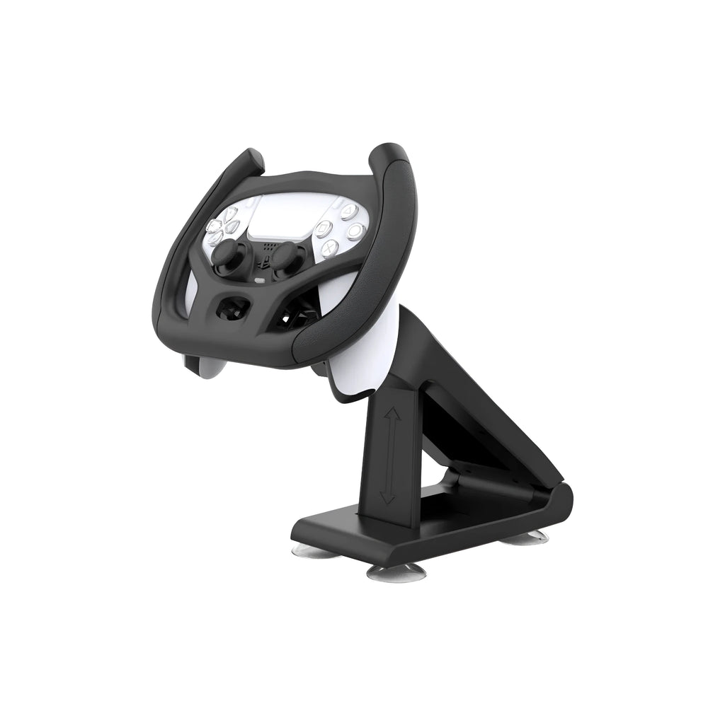 Black ABS plastic gamepad steering wheel bracket with a suction cup base for mounting a mobile phone.