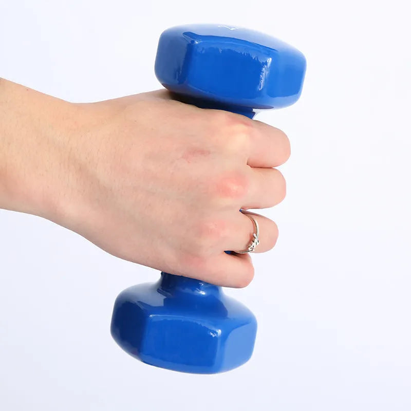 Bright colour plastic-coated fitness dumbbells in 0.5kg, 1kg and 1.5kg weights for home exercise