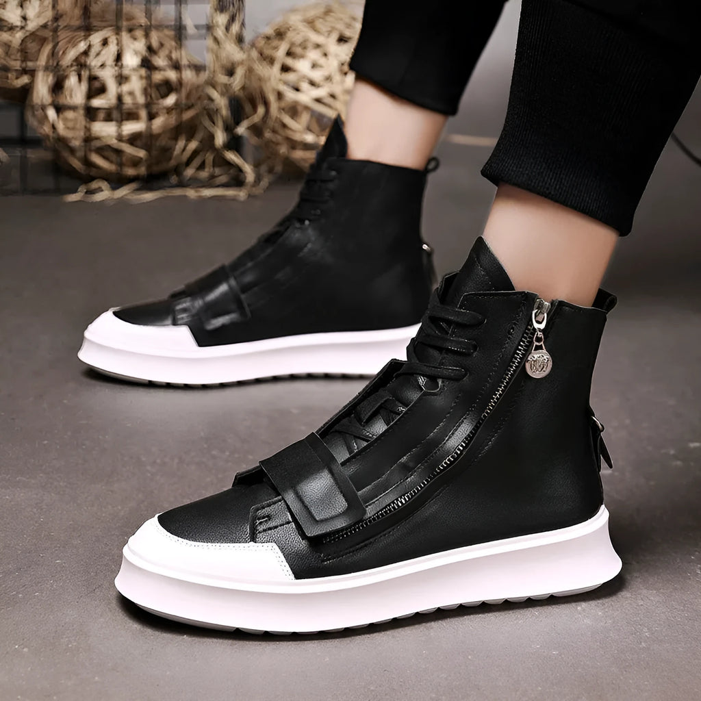 Men's black PU leather high-top ankle boot on a white background