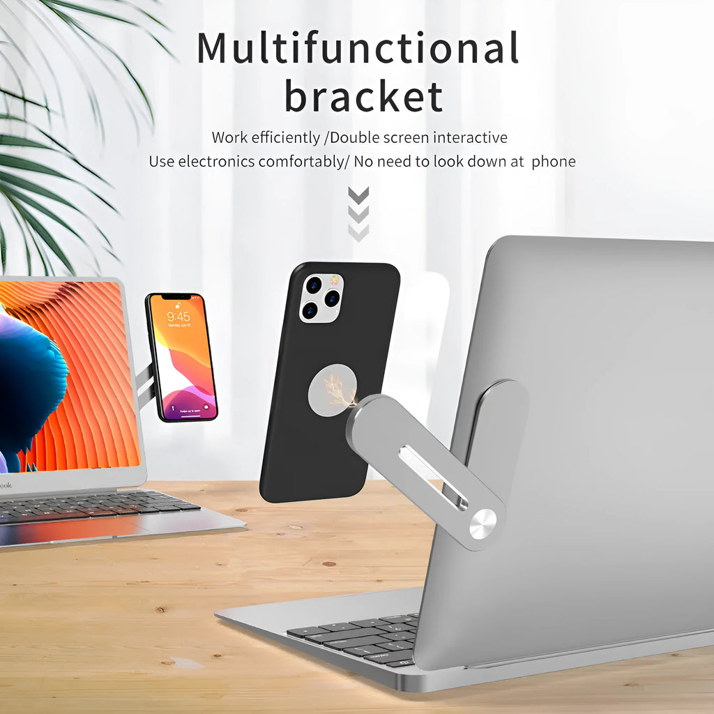 Silver aluminium laptop side mount bracket holding smartphone next to laptop screen