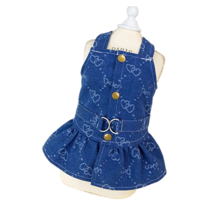 Small dog wearing denim princess dress with bracket skirt design in blue denim fabric