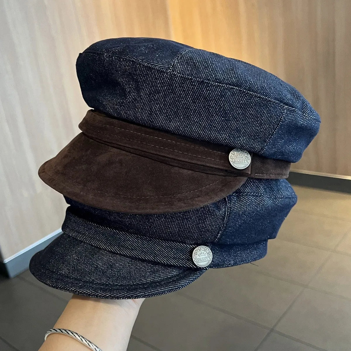 Dark blue denim octagonal newsboy hat with adjustable sizing for 54-58cm head circumference