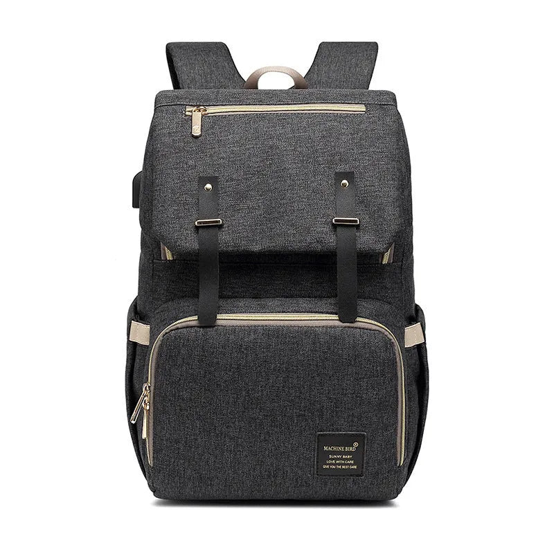 Double shoulder mummy bag backpack in grey white with bottle, Oxford fabric, tissue pocket and stroller hooks