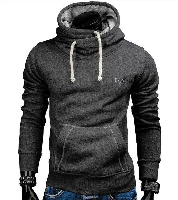 Men's pullover hoodie with drawstring hood in dark grey, khaki, light grey, or red, sizes S to XXL