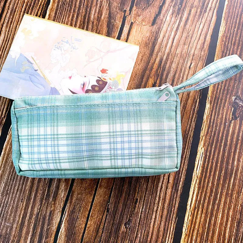 Double-layer canvas stationery bag in striped grid pattern, square shape, casual style
