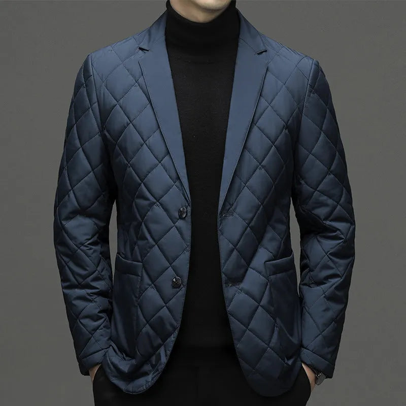 Men's black thick lapel down jacket shown on a model, featuring side seam pockets.