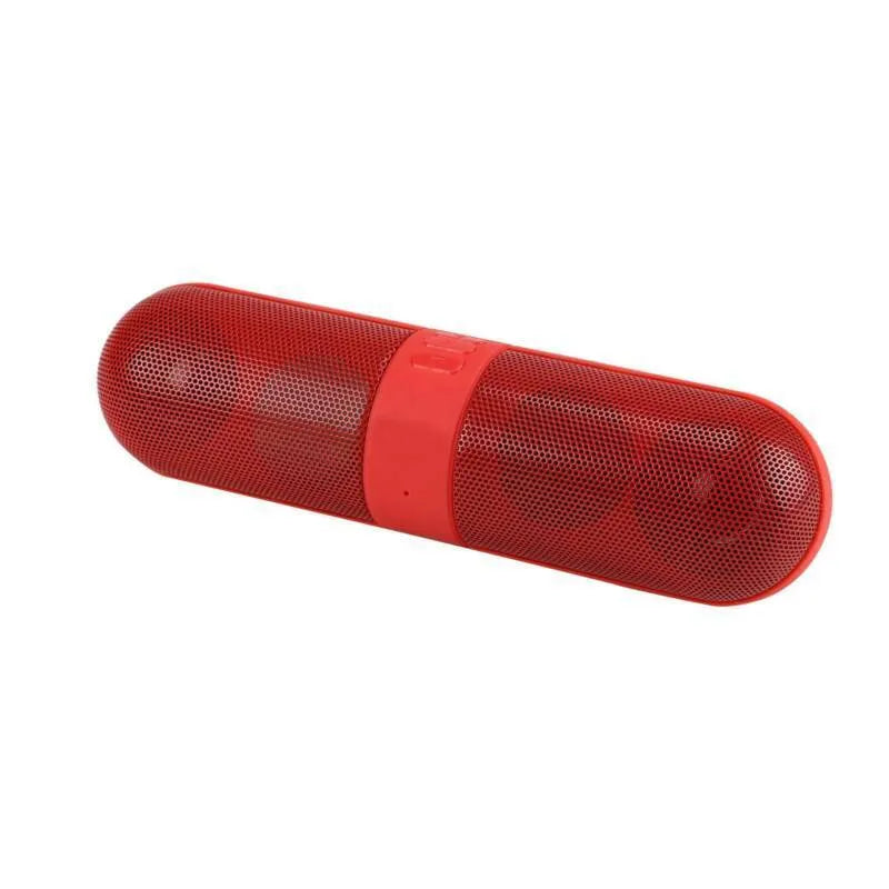 Portable blue pill-shaped Bluetooth speaker with dustproof plastic shell and button controls