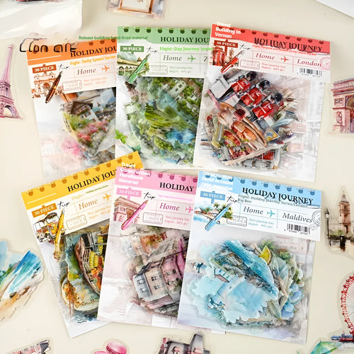 Retro style architecture journal stickers showing Paris Arc de Triomphe, London Big Ben, Maldives, Zurich, Rome, and Bangkok designs