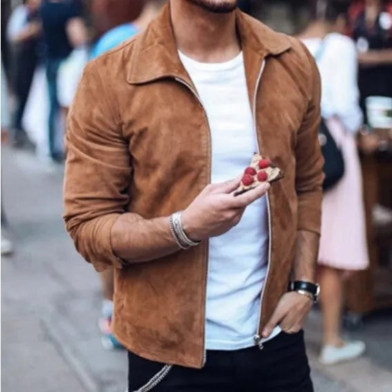 Men's slim turn-down collar jacket in khaki with zip front and long sleeves