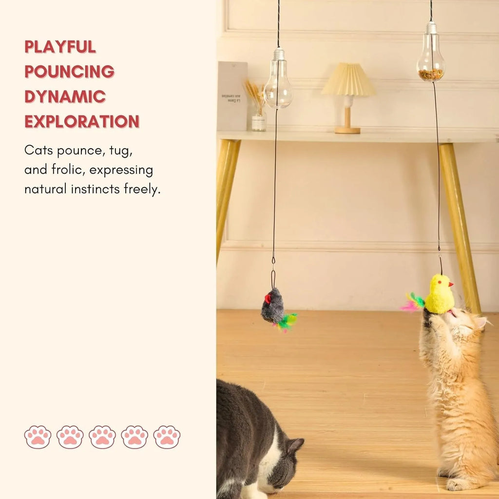 Interactive cat toy with swinging motion hanging from door frame featuring treat reward bulb and retractable elastic cord