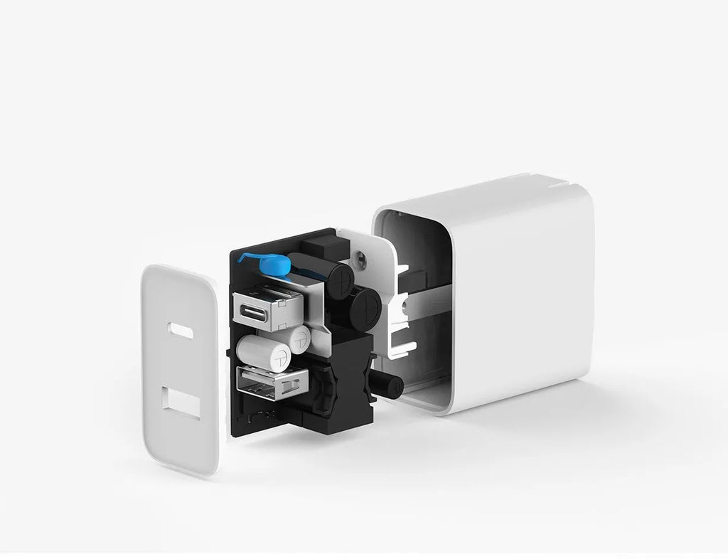 Xiaomi 30W USB charger, white, dual port USB-C and USB-A, compact 48mm x 28mm x 47mm