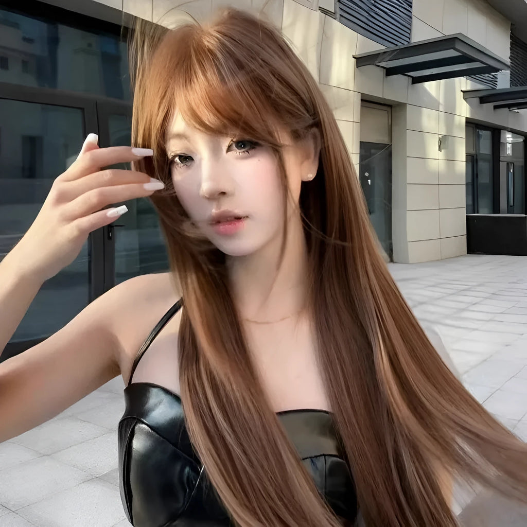Warm brown long straight synthetic wig with bangs for women.