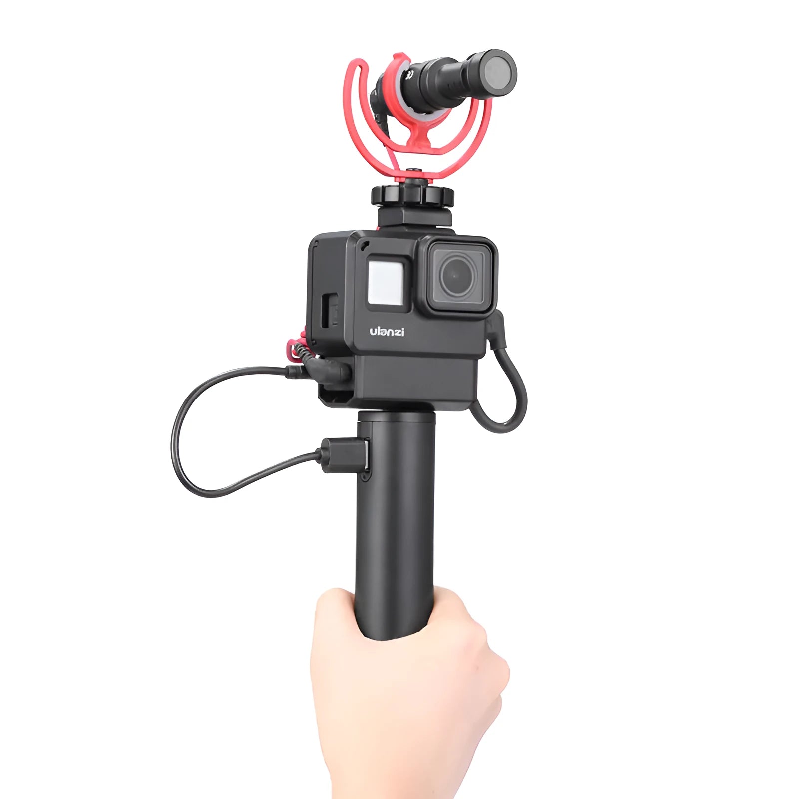 Black aluminium alloy portable power bank with a carry handle, showing its compact size.