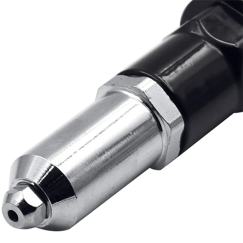 Black metal electric drill rivet gun attachment measuring 173mm with hardened three-jaw chuck and included handle, wrench, and rivet heads
