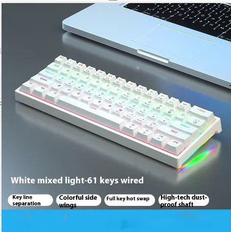 61-key bluish-black and white mechanical keyboard with hot-swap switches on desk