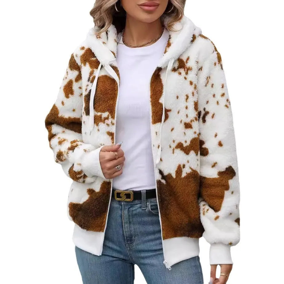 Yellow brown cow animal print hooded cardigan jacket with front zipper and regular sleeves