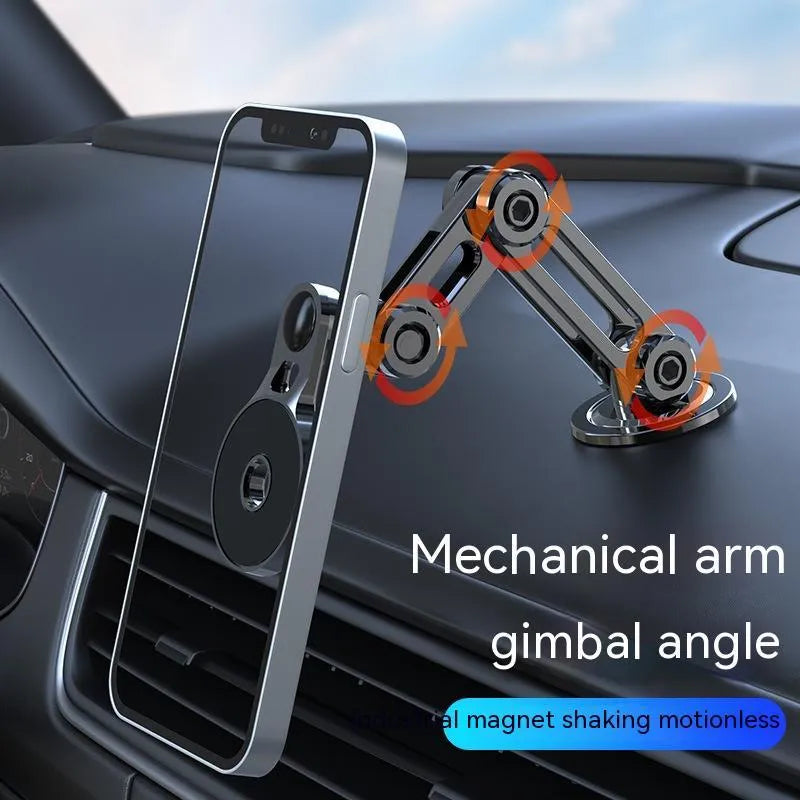 Black magnetic car phone holder with suction base and 360-degree rotation mechanism for universal smartphone mounting