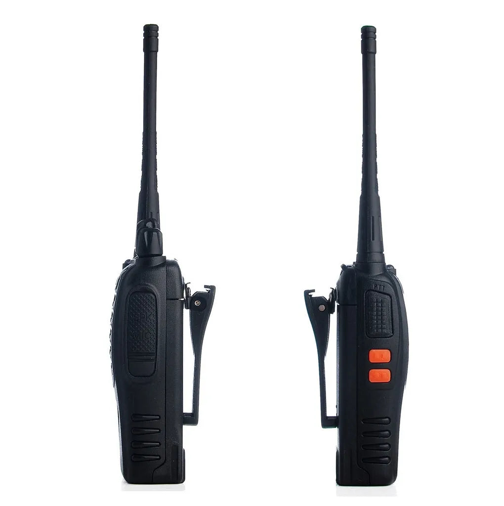H777 black civil walkie talkie with Li-ion battery and antenna on plain background