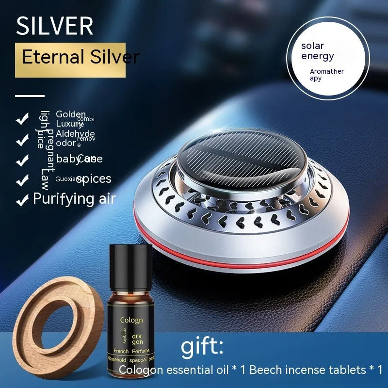 Solar-powered aluminium alloy car air freshener with essential oil and fragrance slices for odour removal