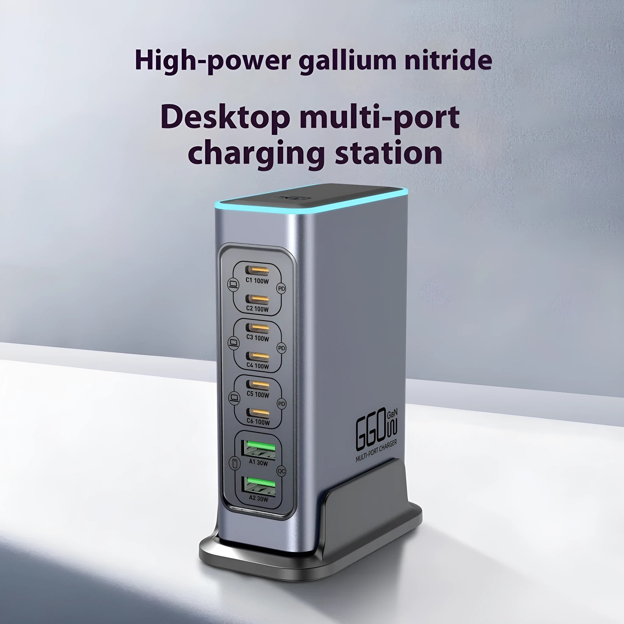 660W Gallium Nitride desktop fast charger with multiple ports and US, EU, UK, AU plug options.
