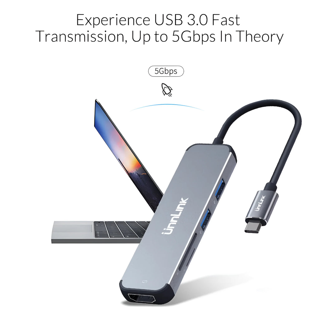 Aluminium alloy type-C docking station with HDMI, SD/TF, and USB 3.0 ports in silver colour