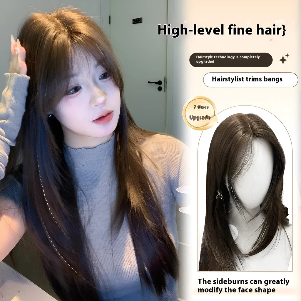 Women's layered long straight wig in cold brown colour with lace front design
