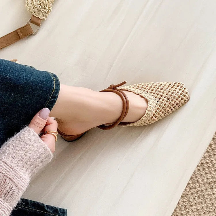 Women's black square toe slippers with hollow-out design and thick chunky heel