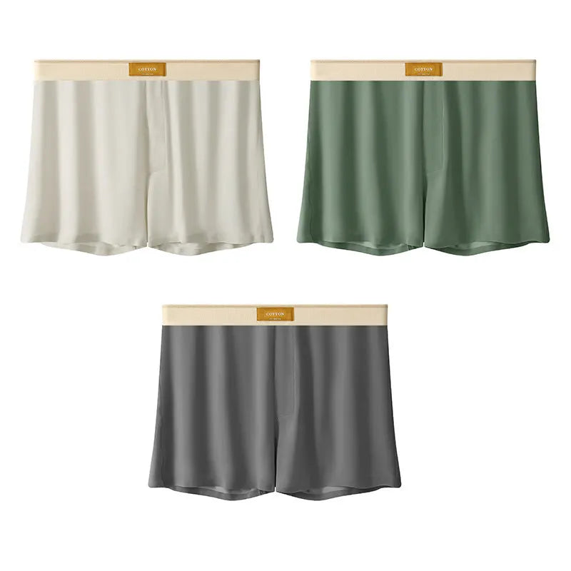 Men's ice silk underwear three-pack showing loose fit mid-waist design in solid colours