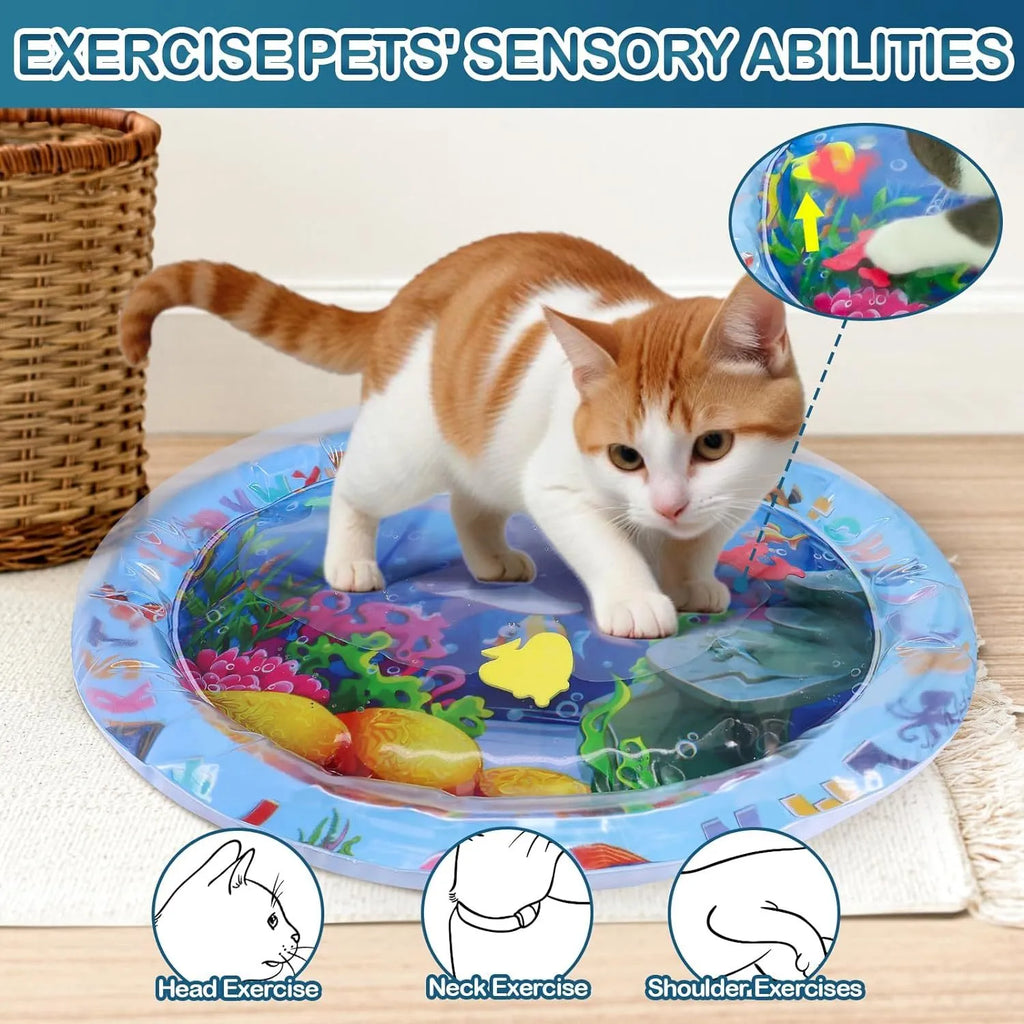 Square blue water sensory playmat for cats with floating fish toys inside, shown inflated on a floor.