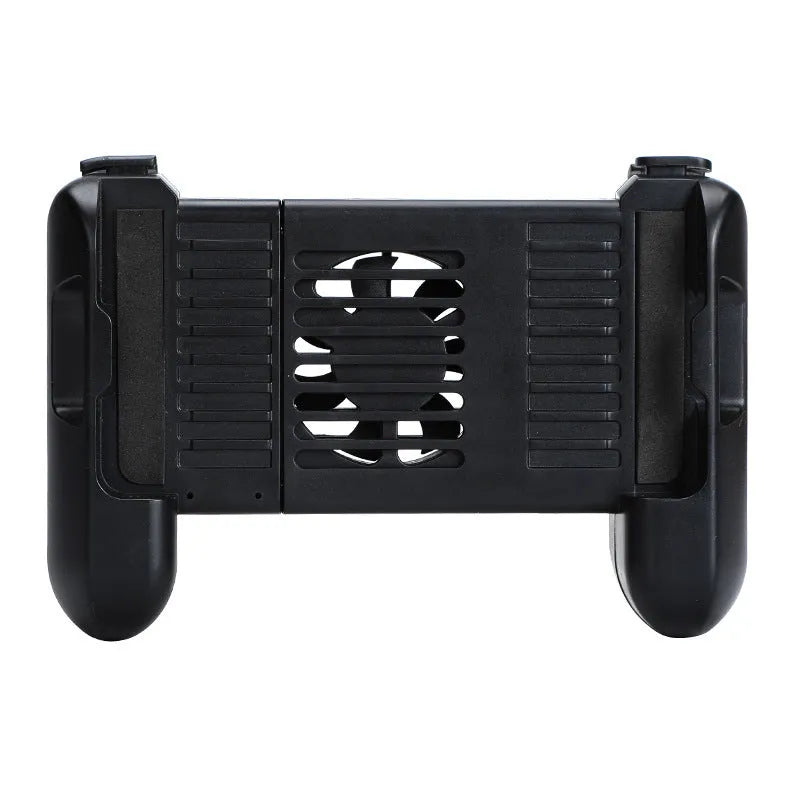 Black cooling Bluetooth game controller for iPhone showing size and button layout.