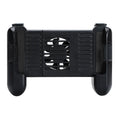 Black cooling Bluetooth game controller for iPhone showing size and button layout.
