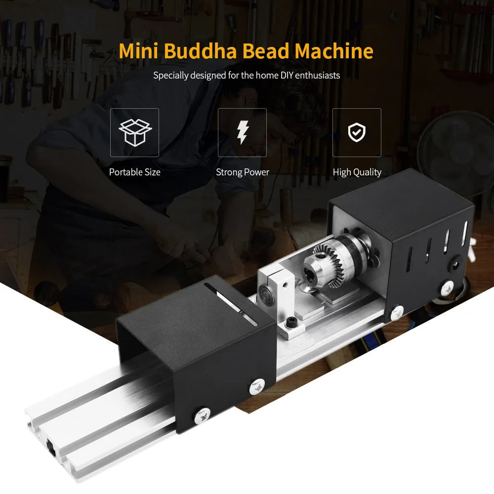 Silver metal mini woodworking lathe with six carving knives on workbench
