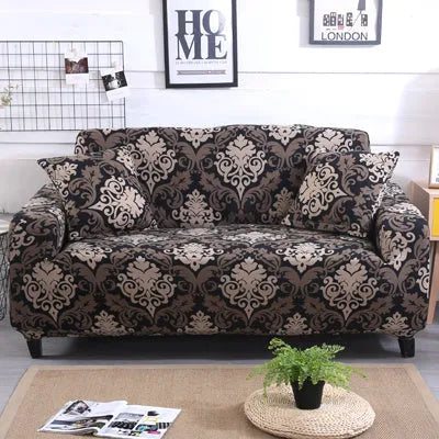 Geometric patterned stretch sofa slipcover on a double seat sofa with matching cushion