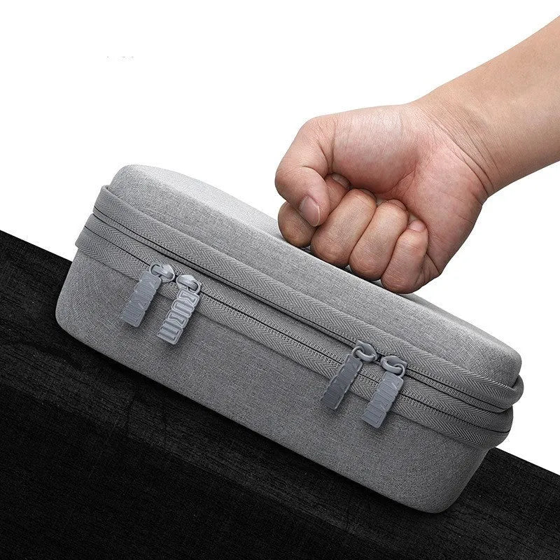 Black and grey EVA digital storage bags for organising headphones and cables, showing single and double layer options.
