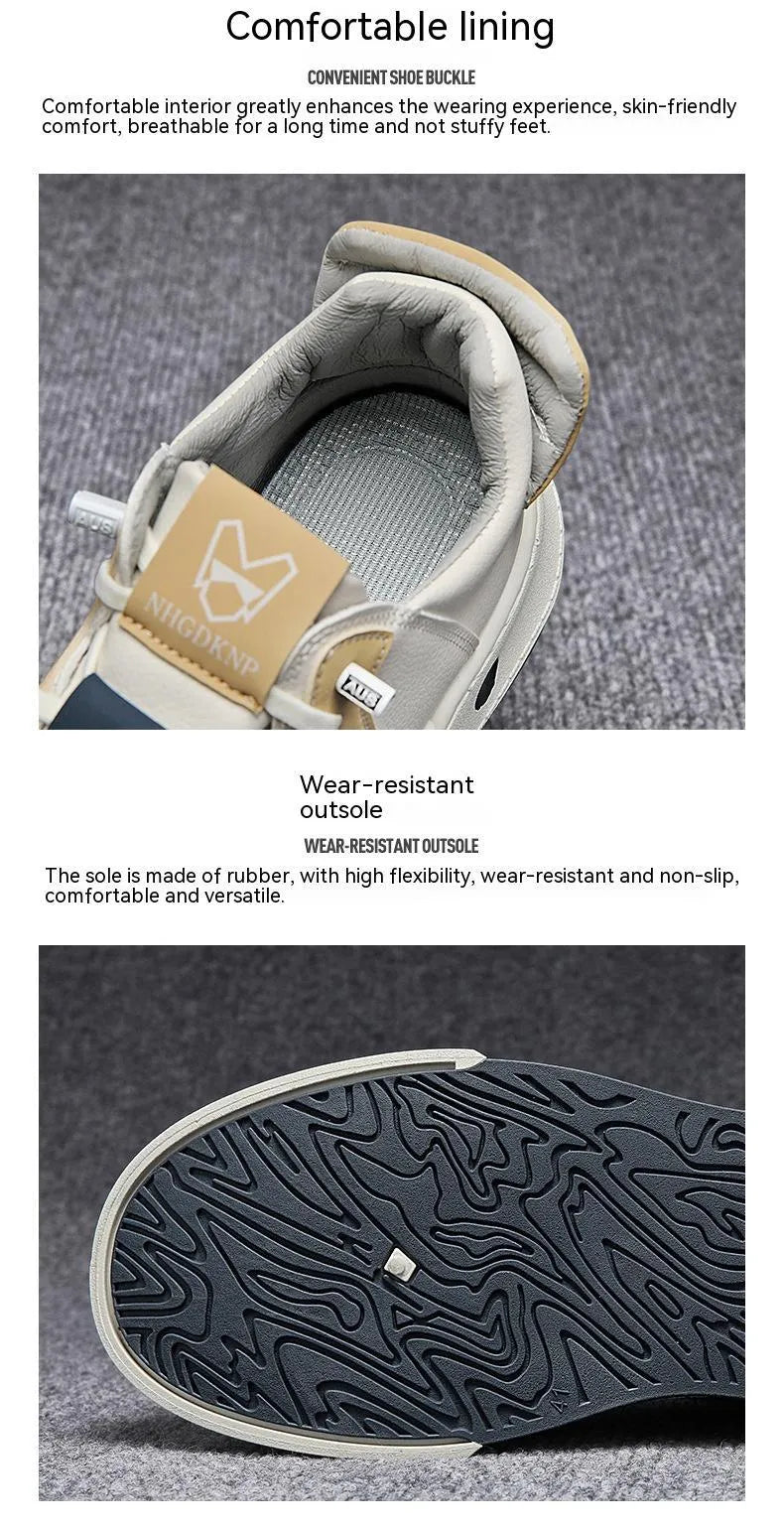 Men's beige and black low-top sneakers with elastic band closure and round toe