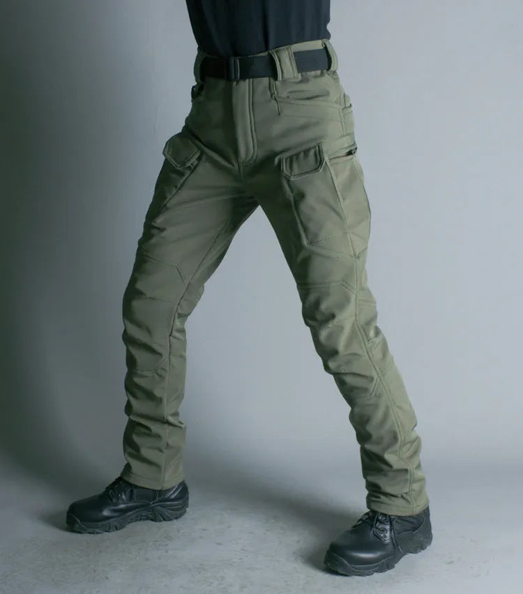 IX7 Shell Tactical Pants in green, men's winter outdoor breathable waterproof trousers with fleece lining