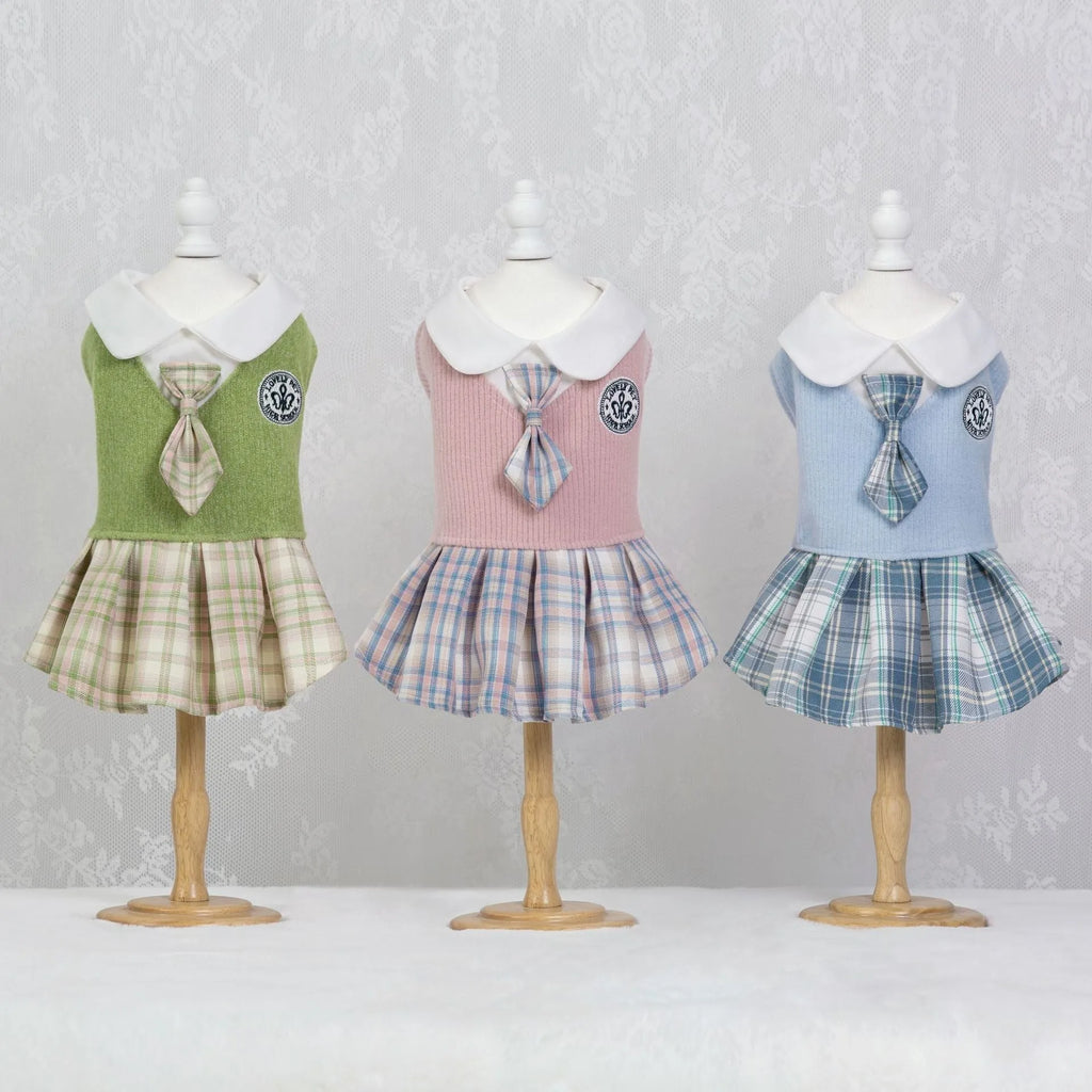 Pink tartan princess skirt for a small dog on a white background