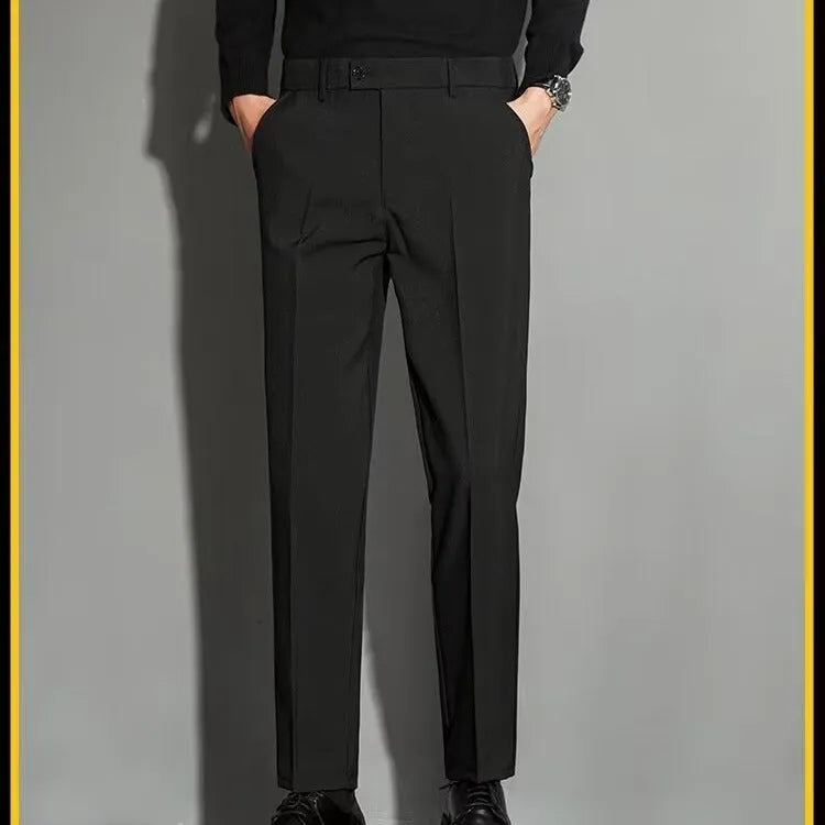 Men's straight-leg suit trousers in chemical fibre blend fabric with spring draping effect
