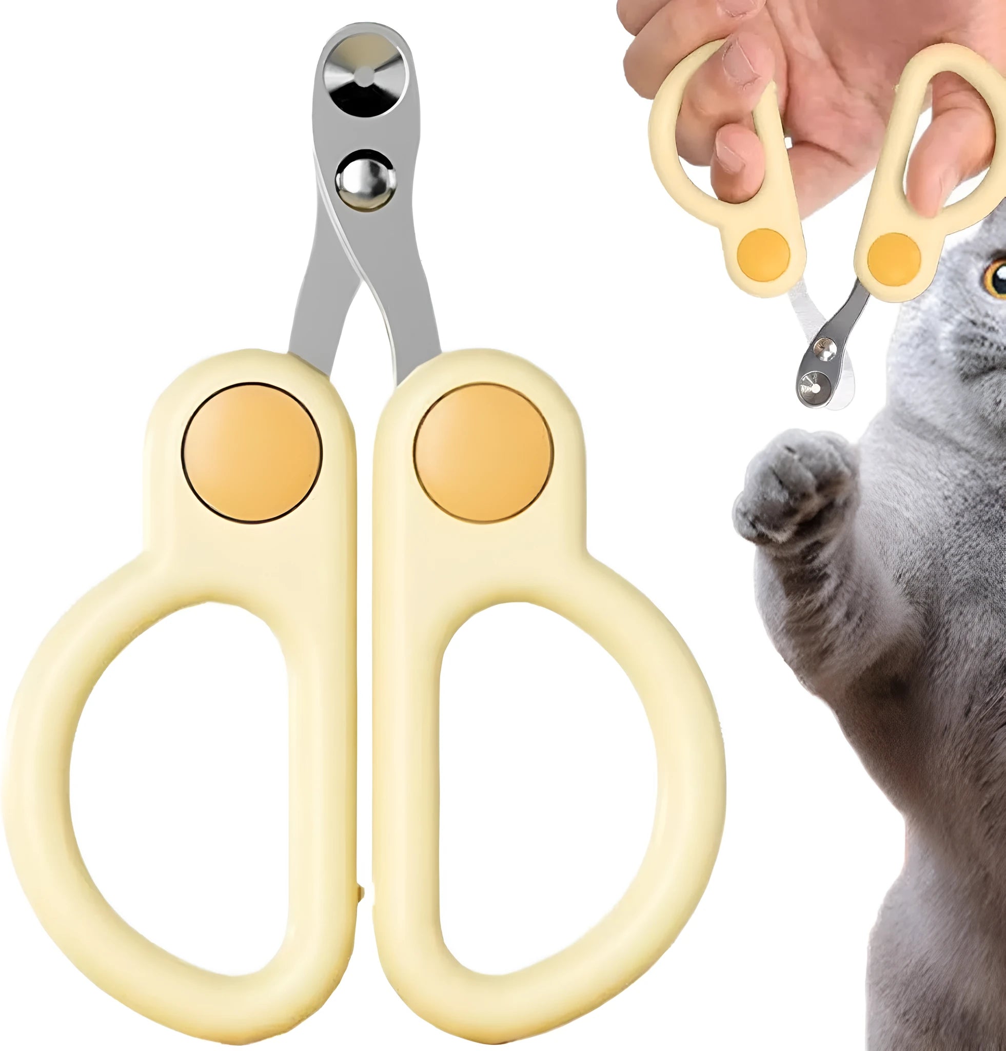 Pet nail clippers with round hole design, stainless steel blades, and ergonomic handles. Available in green or yellow.