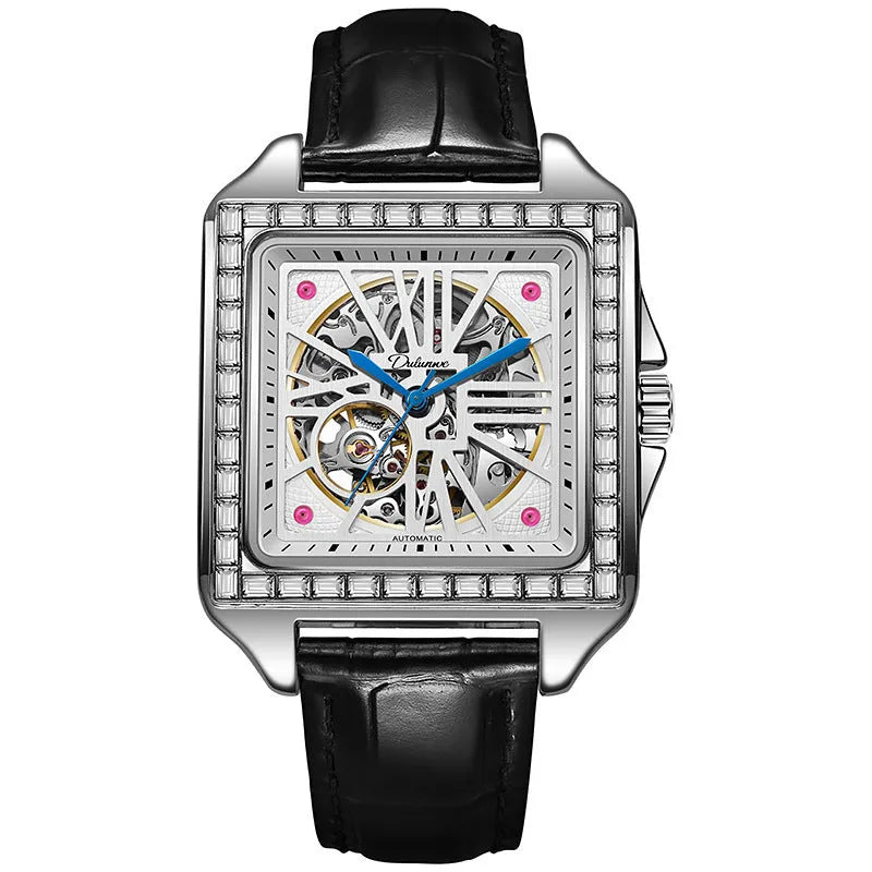 Men's square automatic watch with diamond-studded dial on a black leather strap.