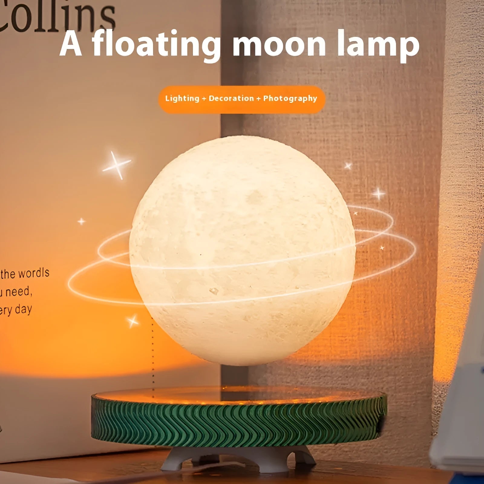 Small magnetic suspension moon lamp floating above its base on a table.