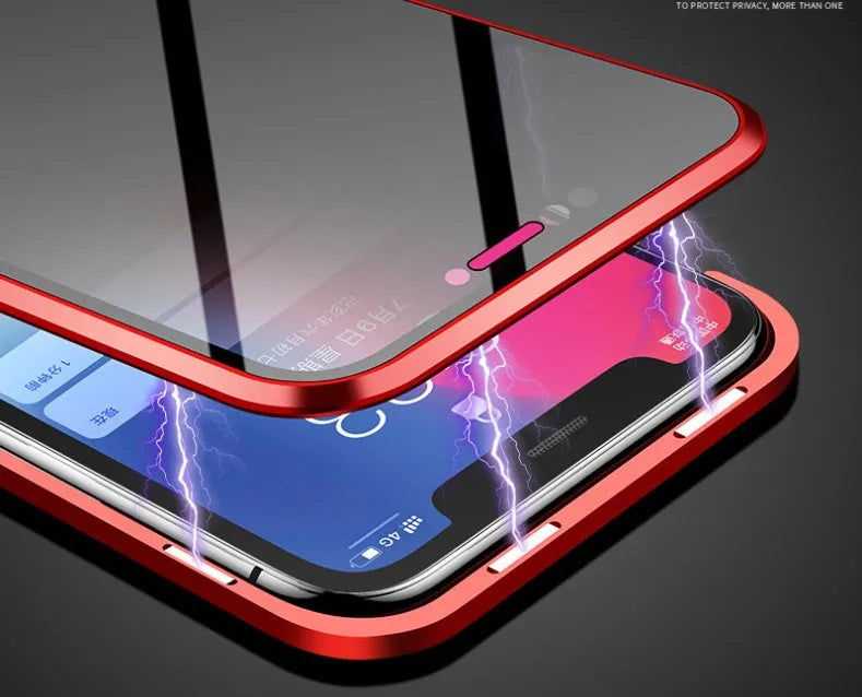 Black magnetic clamshell phone case with anti-peeping screen for Samsung Galaxy phones, shown open.