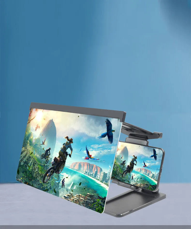 Black folding mobile phone screen amplifier with detachable holder next to an iPhone.